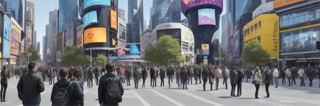 Cenário de cidade futurista com pessoas utilizando óculos de realidade aumentada e experimentando realidade virtual em uma praça de entretenimento, ilustrando a integração de AR e VR na vida cotidiana.