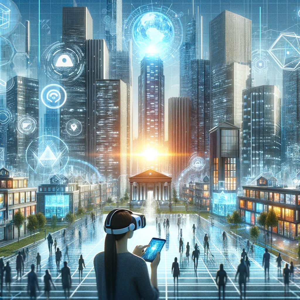 Cidade futurista com realidade aumentada (RA) e realidade virtual (RV) 