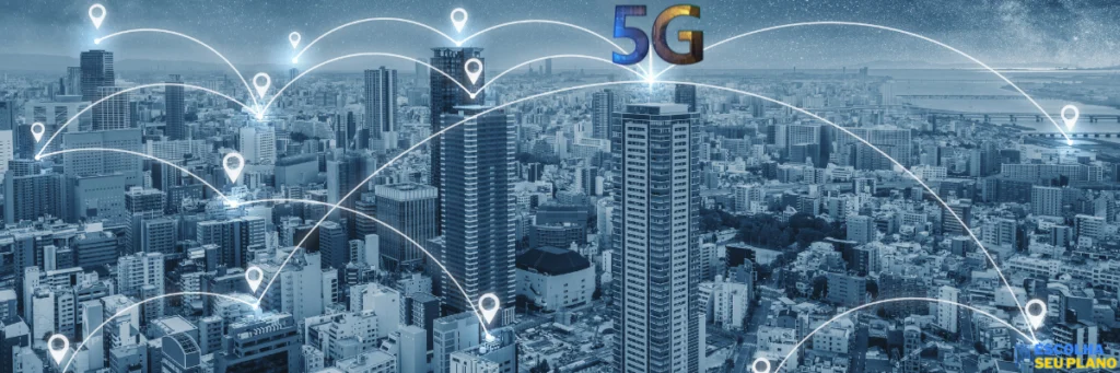 Imagem ilustrando a tecnologia 5G com torres de sinal e rede digital interconectada, simbolizando velocidade e inovação em conectividade