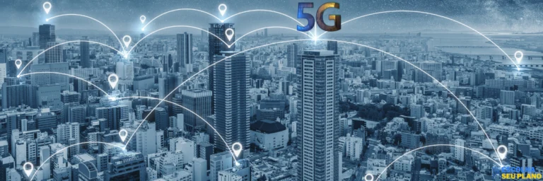Imagem ilustrando a tecnologia 5G com torres de sinal e rede digital interconectada, simbolizando velocidade e inovação em conectividade