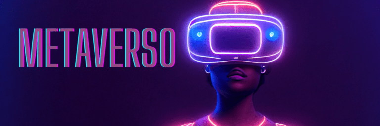 Ilustração do Metaverso mostrando interação digital e tecnologia avançada.