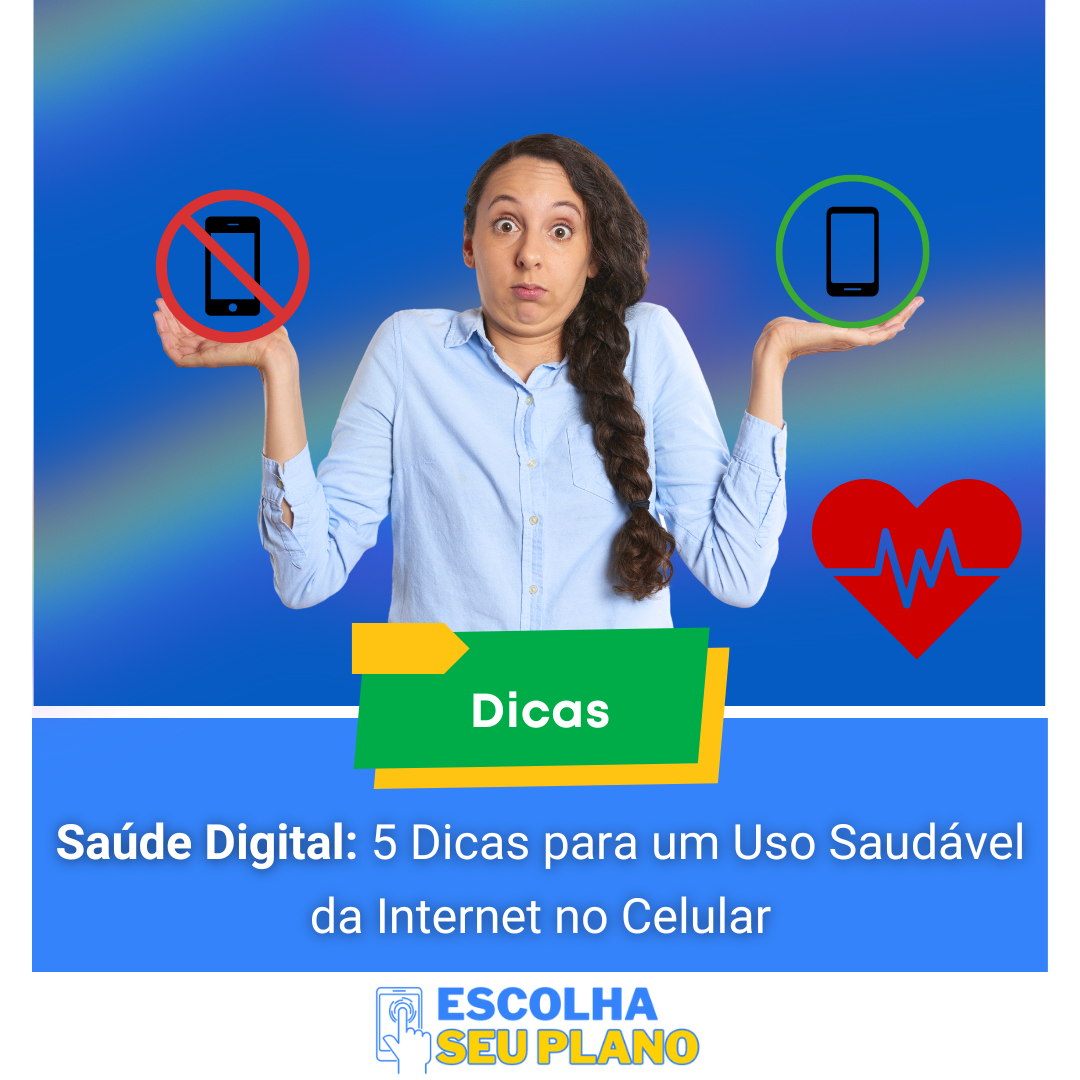 Mulher confusa escolhendo entre celular proibido e recomendado para hábitos saudáveis.