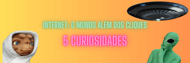 Banner colorido destacando as "5 Curiosidades sobre a Internet" com ícones criativos que simbolizam a exploração e inovação tecnológica