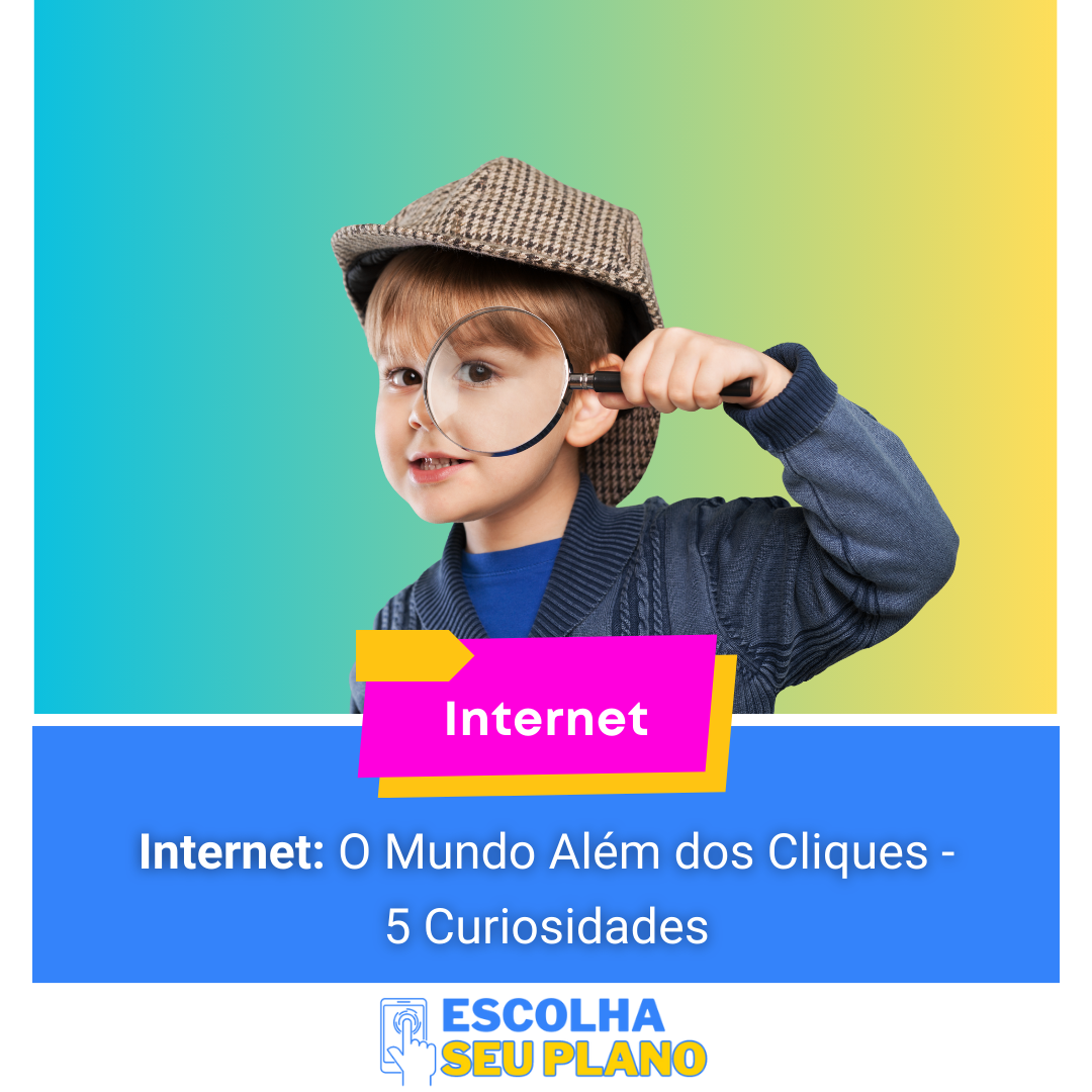 Criança detetive com lupa simbolizando a curiosidade e descoberta das maravilhas da internet