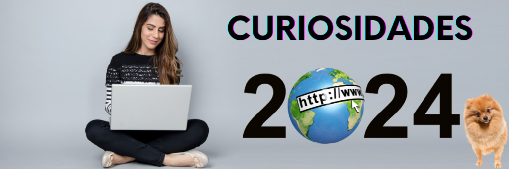 Mulher com laptop e globo marcado com 2024, simbolizando as curiosidades da internet para o ano.