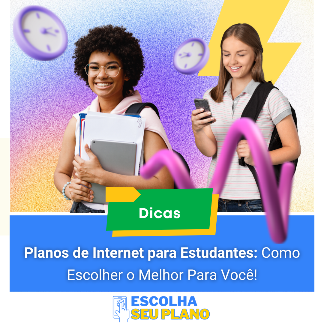 Dois estudantes sorridentes usando dispositivos móveis para explorar planos de internet.