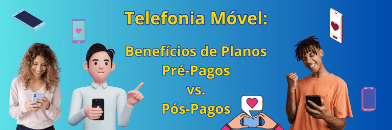 Banner interativo comparando planos de telefonia móvel pré-pagos e pós-pagos com personagens animados.