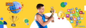 Homem segurando um troféu ao lado de ícones de internet e comunicação no banner do Escolha Seu Plano